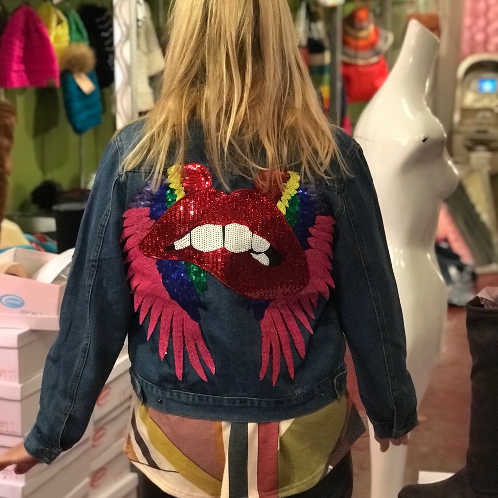 Pink, Rainbow Sequin Lips & Wings Denim Jacket - Picture 7 of 8